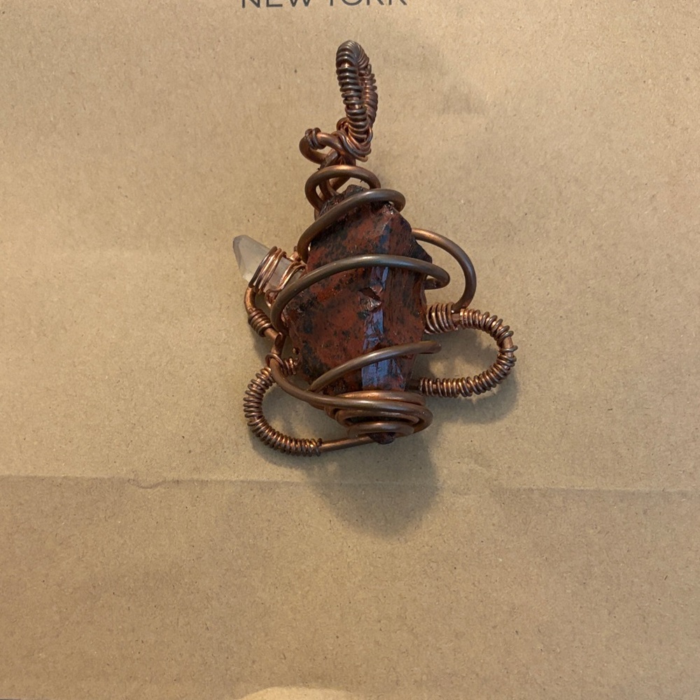 XL Handcrafted Copper Wire Wrapped Red Jasper Pendant with a Clear Quartz Point